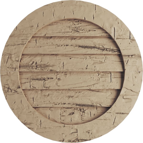 Ekena Millwork Timberthane Hand Hewn Round Faux Wood Non-Functional Gable Vent, Primed Tan, 15"W x 15"H - GVURRO15DHHPR