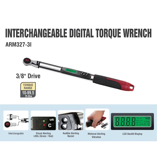 Acdelco 3/8" INTERCHANGEABLE Digital Torque Wrench, 10 to 99.5 ft- lbs - ARM327-3i