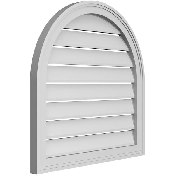 Ekena Millwork Round Top Surface Mount PVC Gable Vent: Functional, w/ 2"W x 1-1/2"P Brickmould Frame, 26"W x 26"H - GVPRT26X2602SF