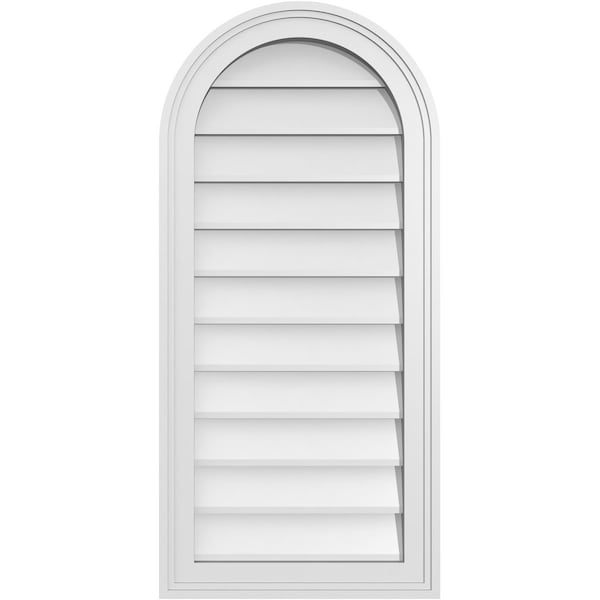 Ekena Millwork Round Top Surface Mount PVC Gable Vent w/ 2"W x 1-1/2"P Brickmould Frame, 16"W x 34"H - GVPRT16X3402SN