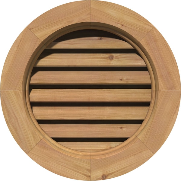 Ekena Millwork Round Gable Vent Functional, Western Red Cedar Gable Vent w/ Brick Mould Face Frame, 18"W x 18"H - GVWRO18X1800SFUWR