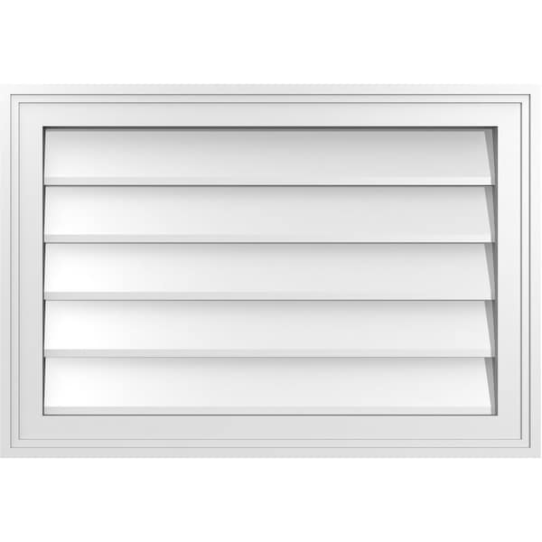 Ekena Millwork Vertical Surface Mount PVC Gable Vnt: Non-Functional, w/2"W x 1-1/2"H, Brickmould Frame, 26"W x 18"H - GVPVE26X1802SN