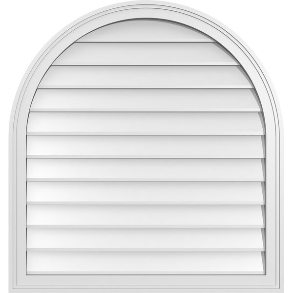 Ekena Millwork Round Top Surface Mount PVC Gable Vent w/ 2"W x 1-1/2"P Brickmould Frame, 32"W x 34"H - GVPRT32X3402SN