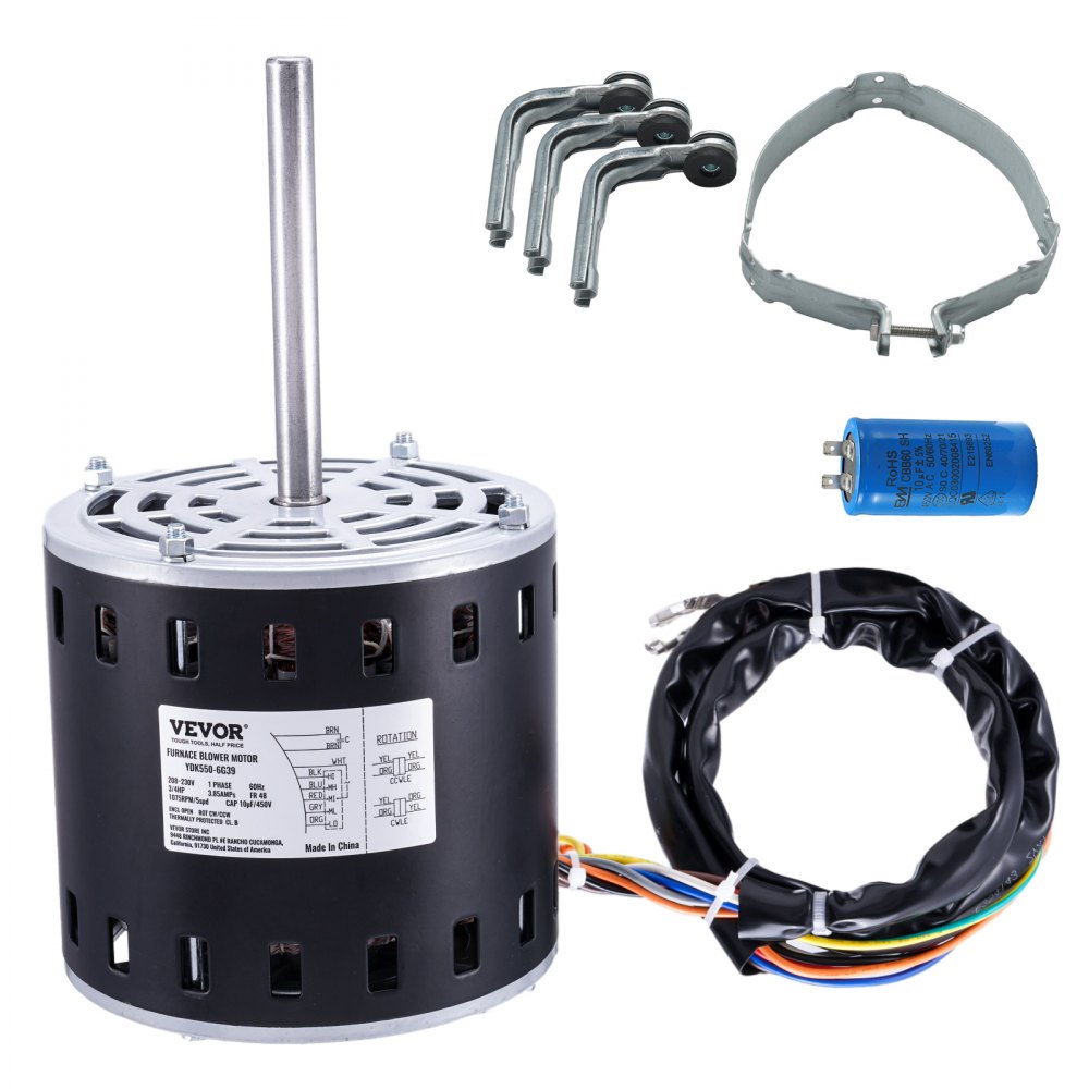 VEVOR 3/4HP Furnace Blower Motor, 208/230V 3.85Amps, 1075RPM 5 Speeds, CW/CCW Rotation, 48 Frame 4.8" Shaft Length, 10μF/450V Capacitor + 11" Hold Hoop - MSFGJDJG34HP581QQV6
