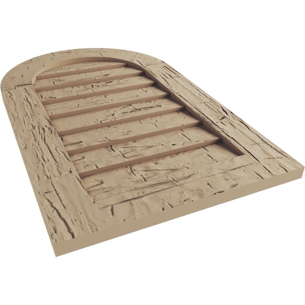 Ekena Millwork Timberthane Hand Hewn Round Top Faux Wood Non-Functional Gable Vent, Primed Tan, 24"W x 30"H - GVURRT24X30DHHPR