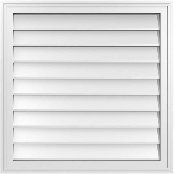 Ekena Millwork Vertical Surface Mount PVC Gable Vnt: Non-Functional, w/2"W x 1-1/2"H, Brickmould Frame, 28"W x 28"H - GVPVE28X2802SN