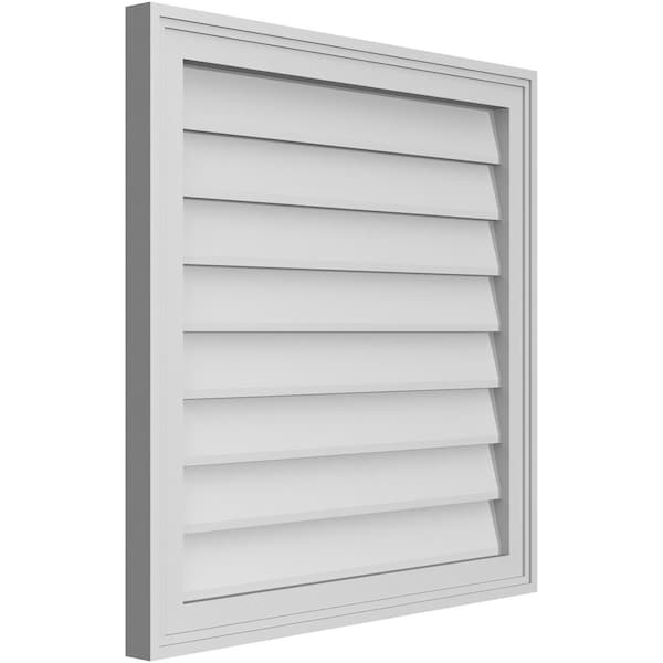 Ekena Millwork Vertical Surface Mount PVC Gable Vnt: Non-Functional, w/2"W x 1-1/2"H, Brickmould Frame, 26"W x 26"H - GVPVE26X2602SN