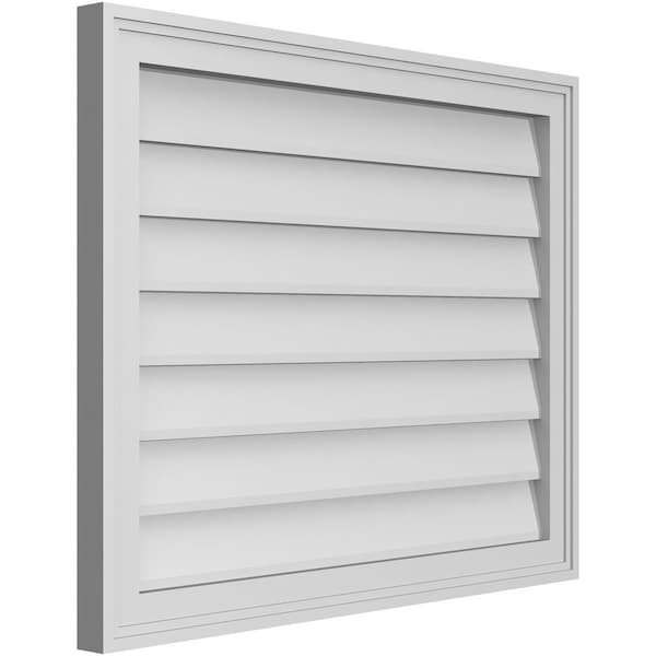 Ekena Millwork Vertical Surface Mount PVC Gable Vnt: Non-Functional, w/2"W x 1-1/2"H, Brickmould Frame, 30"W x 24"H - GVPVE30X2402SN