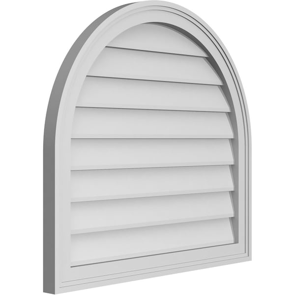 Ekena Millwork Round Top Surface Mount PVC Gable Vent w/ 2"W x 1-1/2"P Brickmould Frame, 28"W x 26"H - GVPRT28X2602SN