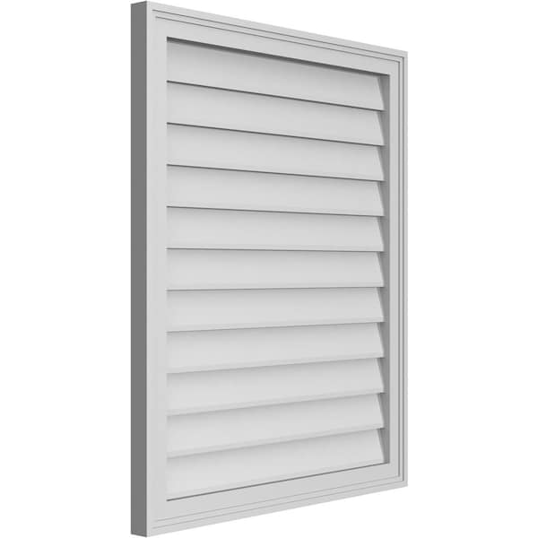 Ekena Millwork Vertical Surface Mount PVC Gable Vnt: Non-Functional, w/2"W x 1-1/2"H, Brickmould Frame, 28"W x 34"H - GVPVE28X3402SN