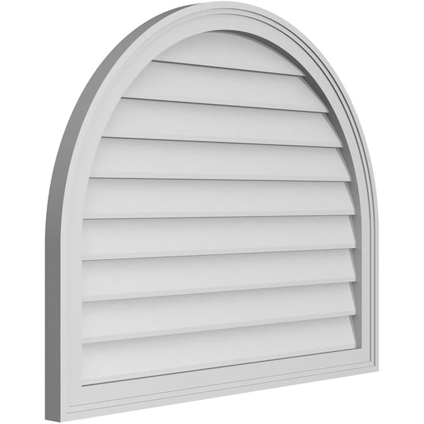 Ekena Millwork Round Top Surface Mount PVC Gable Vent w/ 2"W x 1-1/2"P Brickmould Frame, 34"W x 28"H - GVPRT34X2802SN