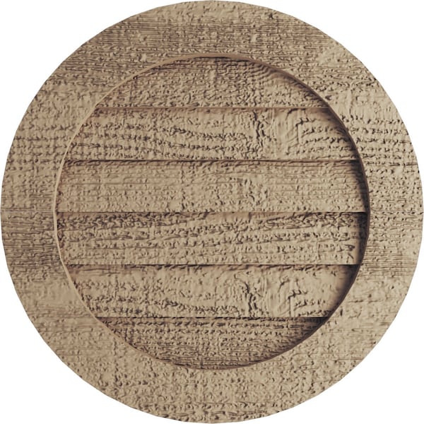 Ekena Millwork Timberthane Rough Sawn Round Faux Wood Non-Functional Gable Vent, Primed Tan, 33"W x 33"H - GVURRO33DRSPR