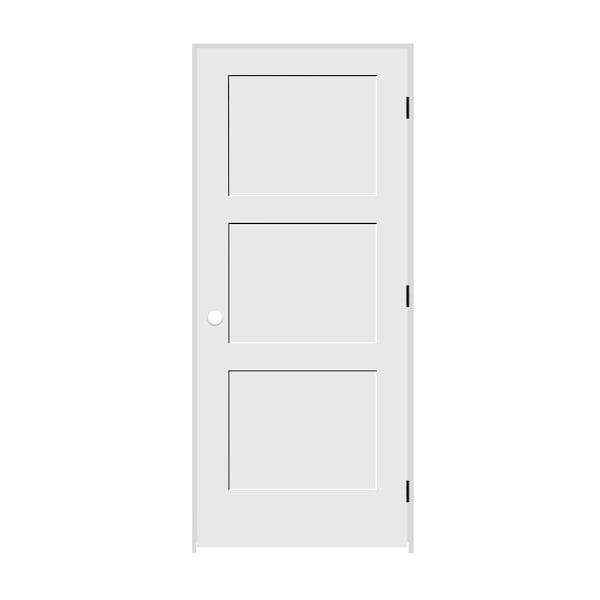 Codel Doors 32" x 84" x 1-3/8" Primed 3-Panel Equal Panel Interior Shaker 4-9/16" LH Prehung Door w/Black Hinges - 2870PRI8433LH1D4916