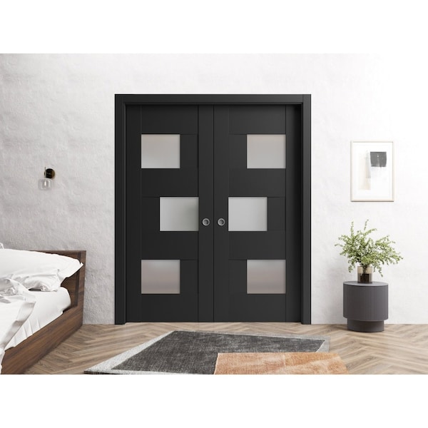 Sartodoors Sliding French Dbl Pocket Doors 84 x 96in, Matte Black W/ Frosted Glass, Kit Trims Rail Hardware - SETE6933DP-BLK-8496