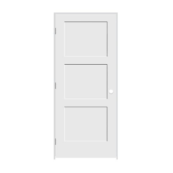Codel Doors 34" x 84" x 1-3/8" Primed 3-Panel Equal Panel Interior Shaker 4-9/16" RH Prehung Door - 2170PRI8433RH26D4916