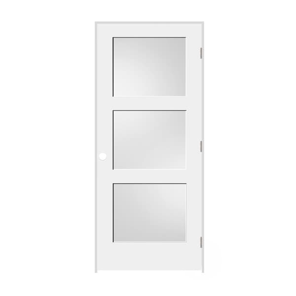 Codel Doors 30"x80"x1-3/8" Primed 3-Panel Equal Panel w/White Lami Glass Interior Shaker 4-9/16" LH Prehung Door - 2668PRI8433GLLH154916