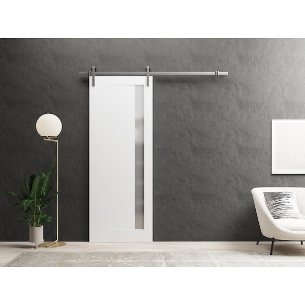 Sartodoors Sturdy Barn Door 30 x 96in, Painted White W/ Frosted Glass, SS 6.6FT Rail Hangers Heavy Set - PLANUM0660BD-S-BEM-3096