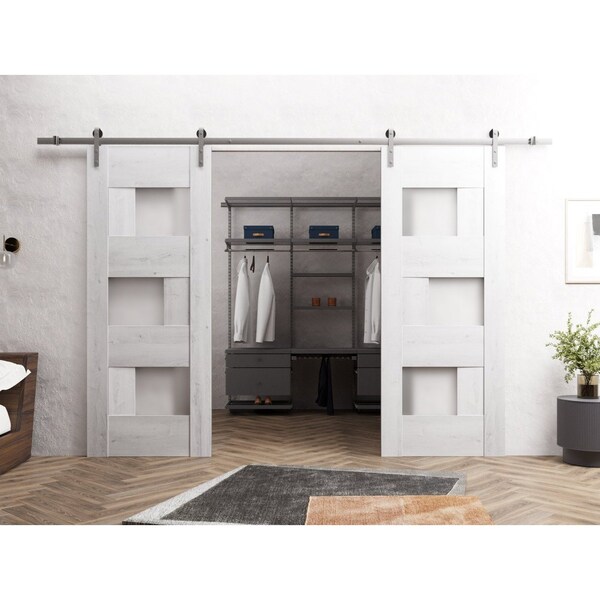 Sartodoors Sturdy Dbl Barn Door 48 x 84in, Nordic White W/ Frosted Glass, SS 13FT Rail Hangers Heavy Set - SETE6933DB-S-NOR-4884