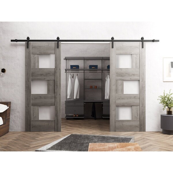 Sartodoors Sturdy Dbl Barn Door 64 x 80in, Sete 6933 Nebraska Grey W/ Frosted Glass, 13FT Rail Hangers Heavy Set - SETE6933DB-NEB-64