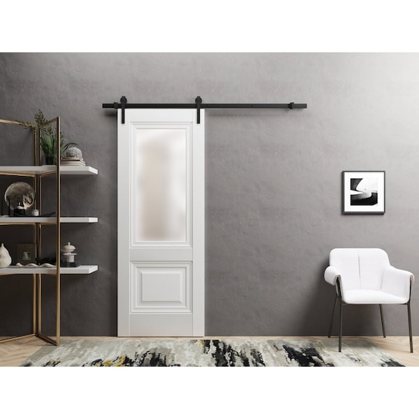 Sartodoors Sturdy Barn Door 24 x 80in, White Silk W/ Frosted Glass, 6.6FT Rail Hangers Heavy Hardware Set - LUCIA8822BD-B-WS-24