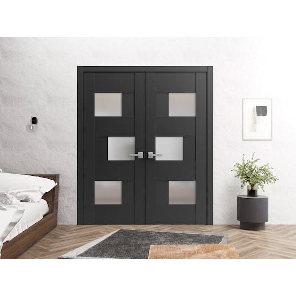 Sartodoors Solid French Double Doors 84 x 84in, Matte Black W/ Frosted Glass, Closet Bedroom Sturdy Doors - SETE6933DD-BLK-8484