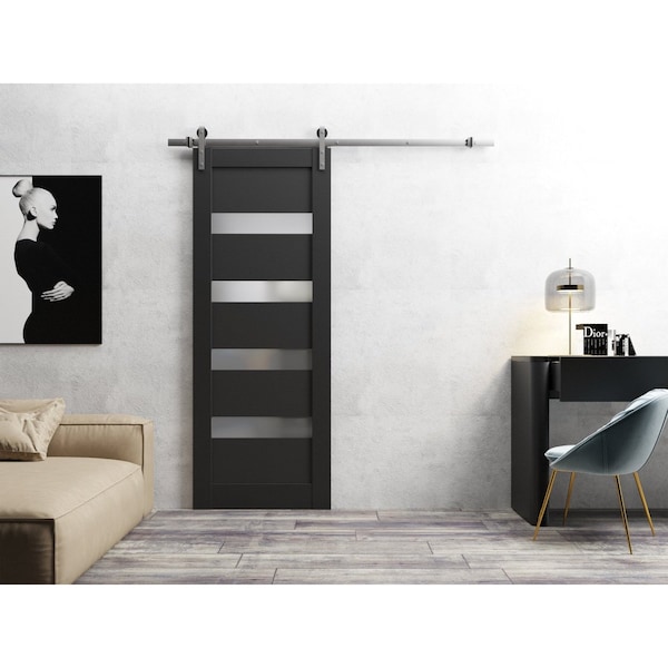 Sartodoors Sturdy Barn Door 24 x 96in, Quadro 4113 Matte Black Frosted Glass, SS 6.6FT Rail Hangers Heavy Set - QUADRO4113BD-S-BLK-2496