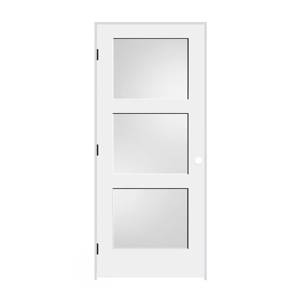 Trimlite Primed 3Panel Equal Panel White Lami Glass Interior Shaker 49/16" RH Prehung Door Black Hinges - 3068PRI8433GLRH1D4916