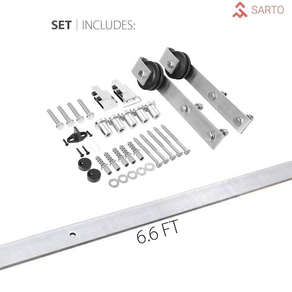 Sartodoors Sturdy Barn Door 32 x 84in, Sete 6933 Nebraska Grey W/ Frosted Glass, SS 6.6FT Rail Hangers Heavy Set - SETE6933BD-S-NEB-3284