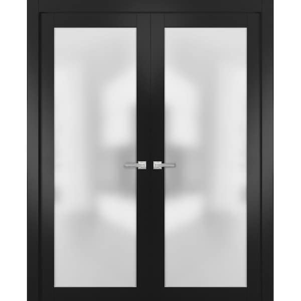 Sartodoors Modern French Double s 48x80" Handles Planum 2102 Black Matte Single Regural  Frame Trims Bathroom - PLANUM2102DD-BLK-48