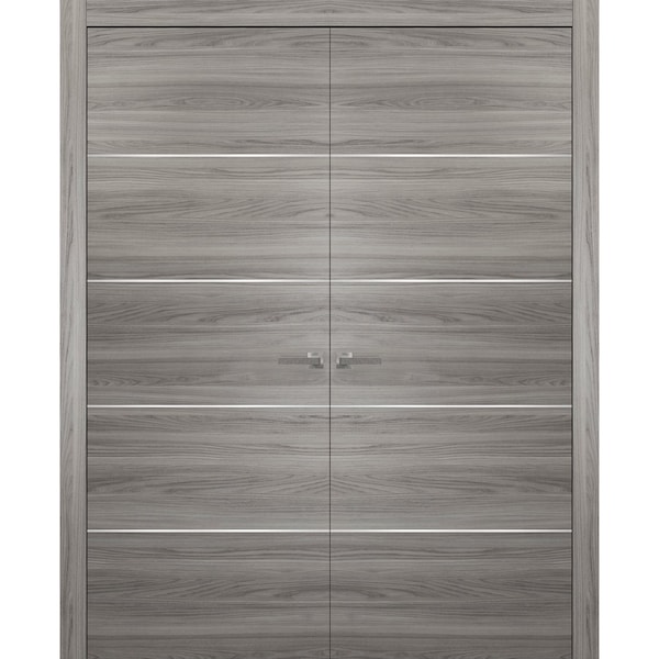 Sartodoors Grey Modern French 48x84 Moldings Planum 0020 Ginger Ash Frame Trims Lever Satin Nickel Pre-hung - PLANUM20DD-GA-4884
