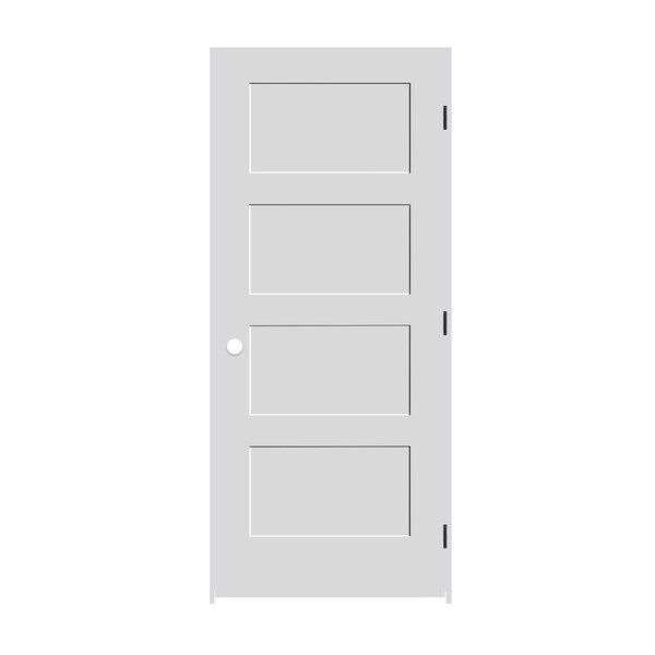 Codel Doors 28" x 80" x 1-3/8" Primed 4-Panel Equal Panel Interior Shaker 4-9/16" LH Prehung Door w/Black Hinges - 2468PRI8444LH1D4916