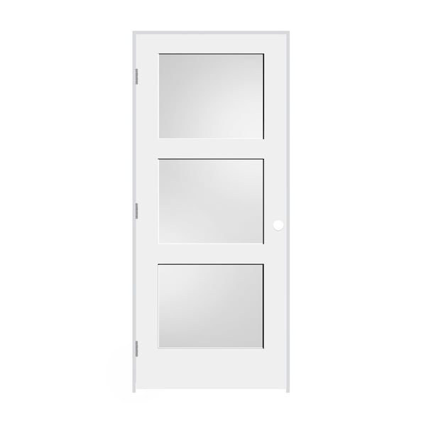 Codel Doors 18"x80"x1-3/8" Primed 3-Panel Equal Panel w/White Lami Glass Interior Shaker 6-9/16" RH Prehung Door - 1668PRI8433GLRH26D6916