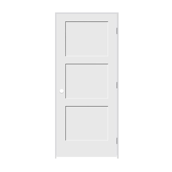Codel Doors 24" x 84" x 1-3/8" Primed 3-Panel Equal Panel Interior Shaker 6-9/16" LH Prehung Door - 2070PRI8433LH26D6916