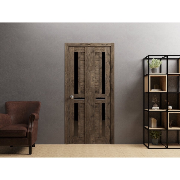 Sartodoors Sliding Closet Bi-fold Doors 56 x 80in, Veregio 7588 Cognac Oak W/ Black Glass, Sturdy Tracks - VEREGIO7588BF-AKA-56