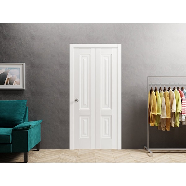 Sartodoors Sliding Closet Bi-fold Doors 36 x 80in, Lucia 8831 White Silk, Sturdy Tracks Moldings Trims - LUCIA8831BF-WS-36