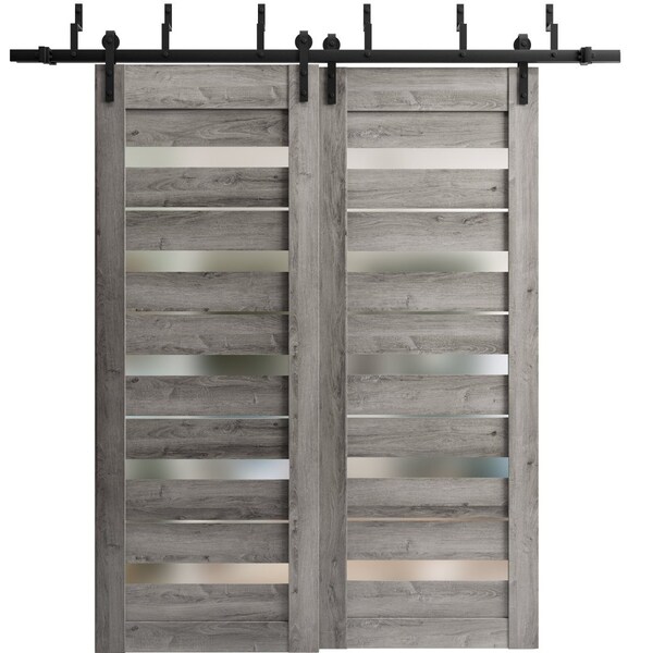 Sartodoors Sturdy Barn Door 18 x 80in, Matte Black Clear Glass, 6.6FT Rail Hangers Heavy Hardware Set - LUCIA2166BD-B-BLK-18