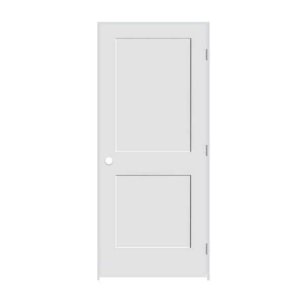 Trimlite 28" x 80" x 1-3/8" Primed 2-Panel Interior Shaker 4-9/16" LH Prehung Door with Brushed Chrome Hinges - 2468PRI8402LH26D4916