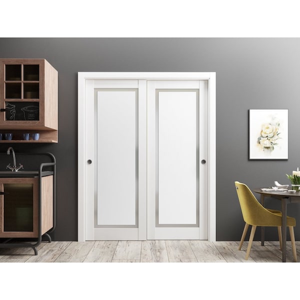Sartodoors Sliding Closet Bypass Doors 56 x 80in, Planum 0888 Painted White W/ Frosted Glass, Sturdy Rails - PLANUM0888DBD-BEM-56