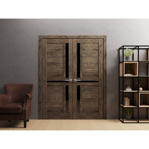 Sartodoors Solid French Double Doors 36 x 84in, Veregio 7588 Cognac Oak W/ Black Glass - VEREGIO7588DD-AKA-3684