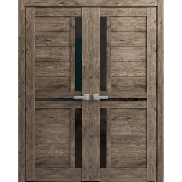 Sartodoors Solid French Double Doors 36 x 84in, Veregio 7588 Cognac Oak W/ Black Glass - VEREGIO7588DD-AKA-3684