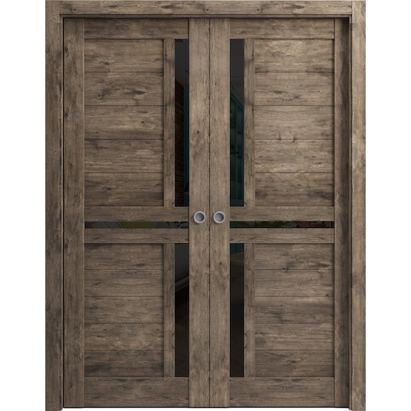 Sartodoors Sliding French Dbl Pocket Doors 36 x 80in, Cognac Oak W/ Black Glass, Kit Trims Rail Hardware - VEREGIO7588DP-AKA-36