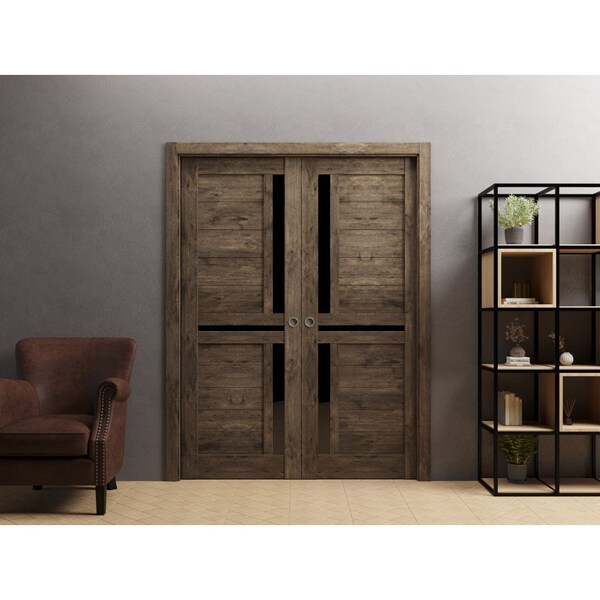 Sartodoors Sliding French Dbl Pocket Doors 36 x 80in, Cognac Oak W/ Black Glass, Kit Trims Rail Hardware - VEREGIO7588DP-AKA-36