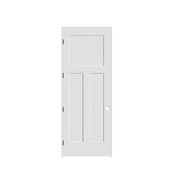 Codel Doors 28" x 96" x 1-3/8" Primed 3-Panel Mission Interior Shaker 6-9/16" RH Prehung Door with Black Hinges - 2480PRI8403RH1D6916