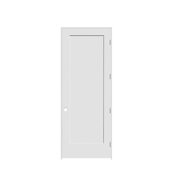 Trimlite 28" x 96" x 1-3/8" Primed 1-Panel Interior Shaker 7-1/4" LH Prehung Door with Brushed Chrome Hinges - 2480PRI8401LH26D714