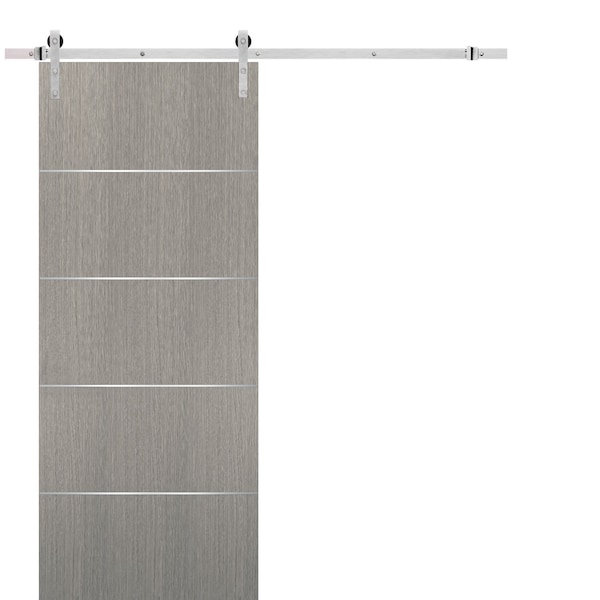 Sartodoors 18x80 Stainless Steel 6.6' Hardware Planum 0020 Grey Oak Top Mount Rail Hangers Silver Set Modern - PLANUM20BD-S-SD-18