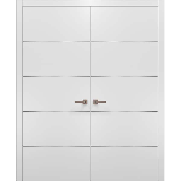 Sartodoors White Modern French 48x84 Strips Planum 0020 Frame Trims Lever Satin Nickel  Core Pre-Hung - PLANUM20DD-BEM-4884