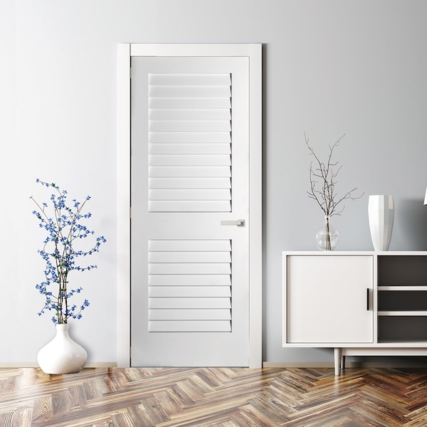 Codel Doors 28" x 80" x 1-3/8" Primed Plantation Louver Interior Shaker 4-9/16" LH Prehung Door - 2468PRI8730LH26D4916