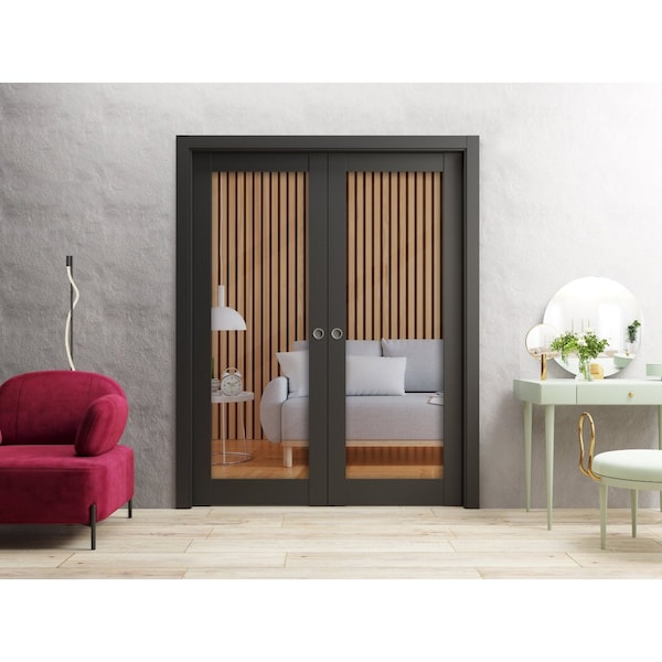 Sartodoors Sliding French Double Pocket Doors 48 x 96in, Matte Black Clear Glass, Kit Trims Rail Hardware - LUCIA2166DP-BLK-4896