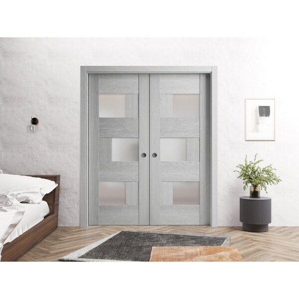 Sartodoors Sliding French Dbl Pocket Doors 48 x 80in, Light Grey Oak W/ Frosted Glass, Kit Trims Rail Hardware - SETE6933DP-OAK-48