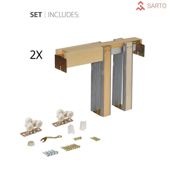Sartodoors Sliding French Dbl Pocket Doors 48 x 80in, Light Grey Oak W/ Frosted Glass, Kit Trims Rail Hardware - SETE6933DP-OAK-48